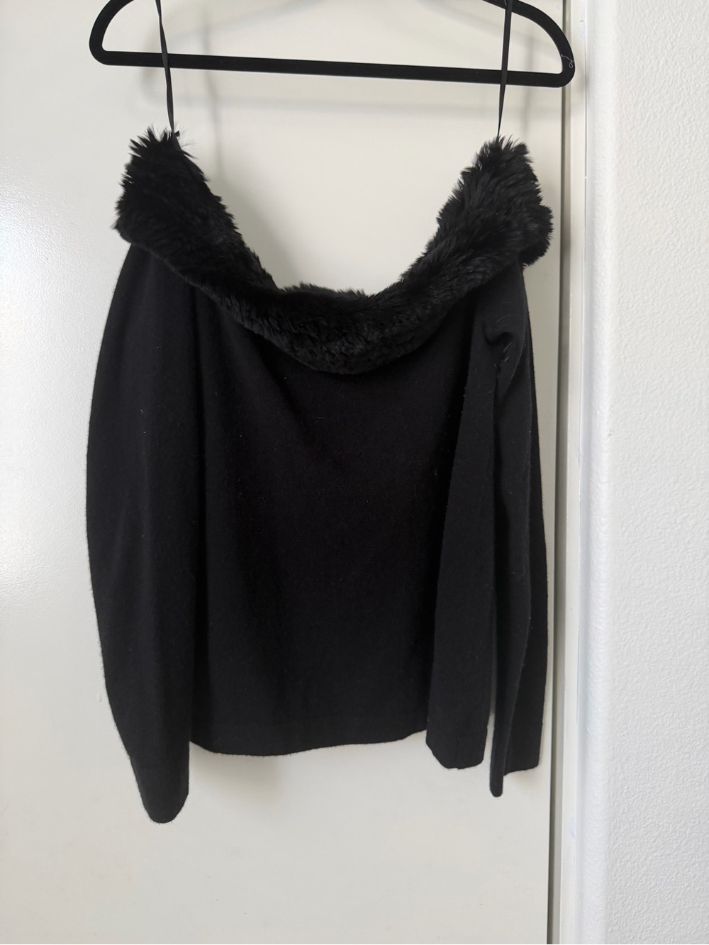 Bloomingdale's Black Off-the-Shoulder Sweater with Faux-Fur Trim